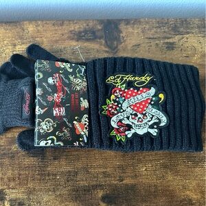 Ed Hardy Ear Warmers & Black Gloves with Colorful Tattoo Art Rhinestone Logo NWT